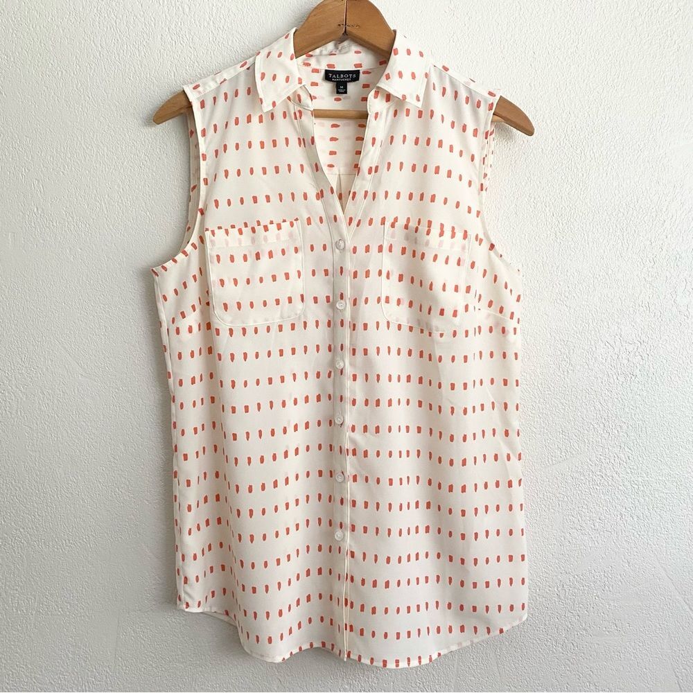 Talbots Nantucket Sleeveless Blouse Button Up Semi Sheer Front Pockets Medium